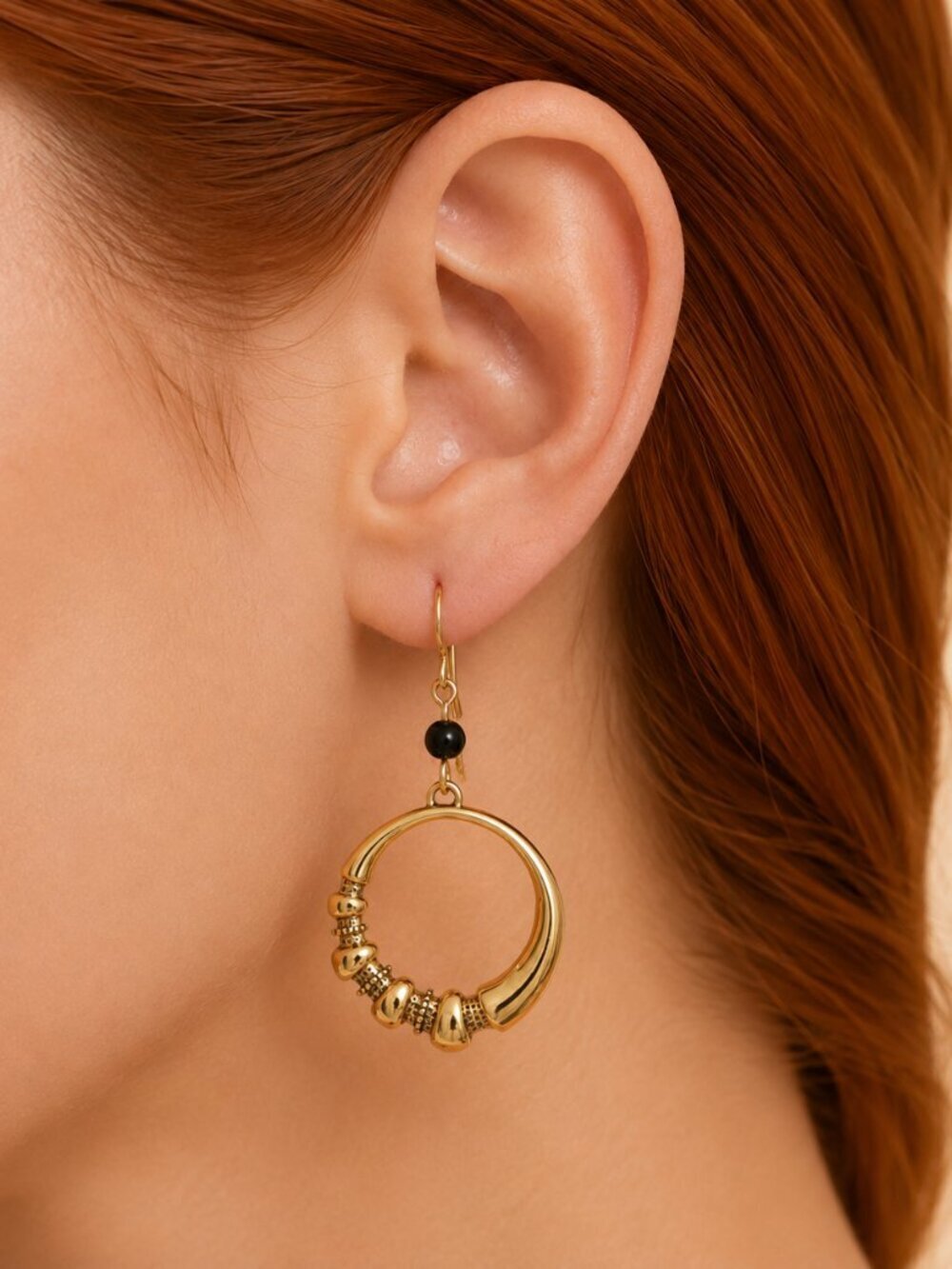 Gold Hoop Earrings With Onyx Detail Stainless Steel Large Dangle - Picture 2 of 6